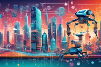 Detailed illustration showing a timeline of artificial intelligence evolution from simple machines to advanced robotics, with impactful technologies highlighted along the way, set against a backdrop of a futuristic city and interactive data streams.