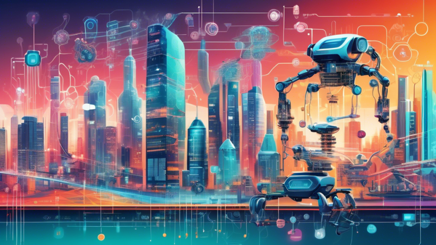 Detailed illustration showing a timeline of artificial intelligence evolution from simple machines to advanced robotics, with impactful technologies highlighted along the way, set against a backdrop of a futuristic city and interactive data streams.