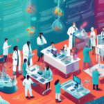 A visually intricate infographic highlighting the top breakthroughs in medical research in 2023, featuring DNA strands, futuristic medical technology, and a diverse team of researchers collaborating in a high-tech laboratory.