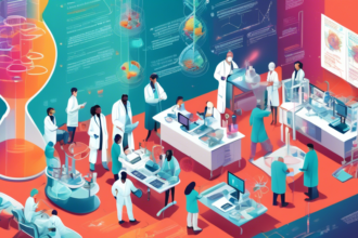 A visually intricate infographic highlighting the top breakthroughs in medical research in 2023, featuring DNA strands, futuristic medical technology, and a diverse team of researchers collaborating in a high-tech laboratory.