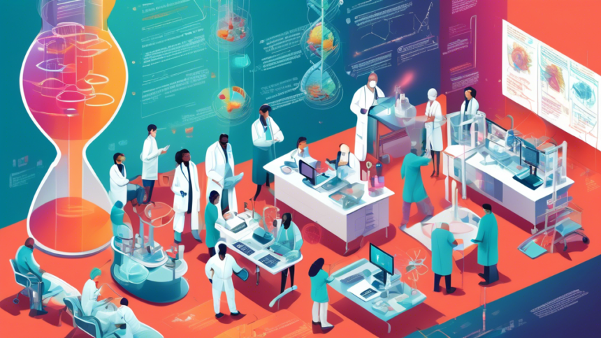 A visually intricate infographic highlighting the top breakthroughs in medical research in 2023, featuring DNA strands, futuristic medical technology, and a diverse team of researchers collaborating in a high-tech laboratory.