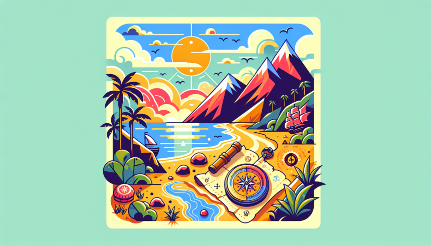 Illustrate an image that portrays the theme 'Discovering Hidden Gems: Off-the-Beaten-Path Destinations Unveiled'. This image should encapsulate the idea of exploring and discovering unique, lesser-visited destinations around the world. Include elements like a treasure map, a compass, and a hidden cove or mountain path. The illustration style should be colorful and modern, with bold hues and clean lines. Please avoid using any text; let the picture speak for itself.