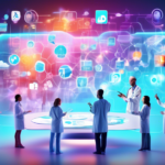 An engaging illustration of medical professionals brainstorming around a holographic display of innovative marketing strategies, with futuristic digital elements and social media icons floating in the air, symbolizing the connection between healthcare and cutting-edge marketing technologies.