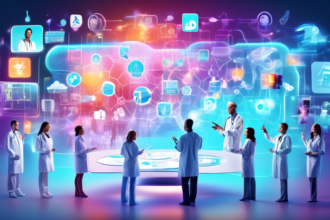 An engaging illustration of medical professionals brainstorming around a holographic display of innovative marketing strategies, with futuristic digital elements and social media icons floating in the air, symbolizing the connection between healthcare and cutting-edge marketing technologies.