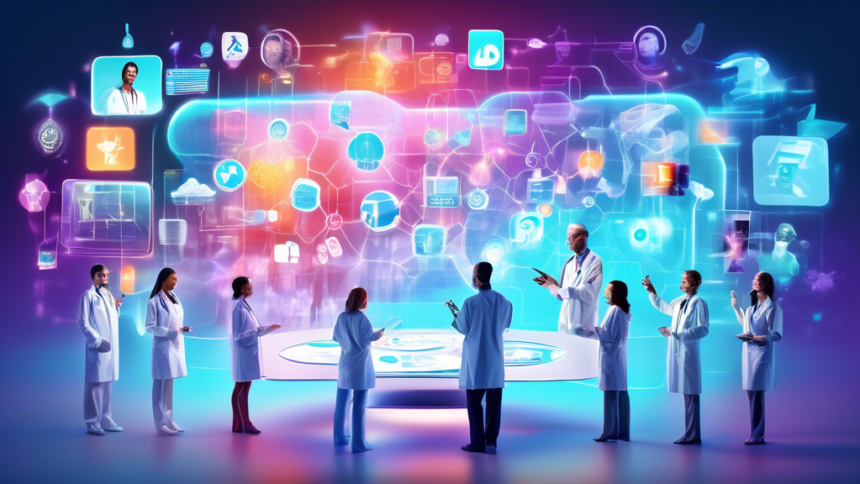 An engaging illustration of medical professionals brainstorming around a holographic display of innovative marketing strategies, with futuristic digital elements and social media icons floating in the air, symbolizing the connection between healthcare and cutting-edge marketing technologies.