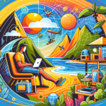 Create an image representing the digital nomad lifestyle in a modern and colorful style. The depiction could include someone working on a laptop from a remote, picturesque location, surrounded by the amenities of modern technology, while also immersing in the local culture. Make it vibrant with an array of colors to showcase positivity and flexibility that comes with such lifestyle. Note it should be an illustration, no text included.