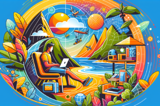 Create an image representing the digital nomad lifestyle in a modern and colorful style. The depiction could include someone working on a laptop from a remote, picturesque location, surrounded by the amenities of modern technology, while also immersing in the local culture. Make it vibrant with an array of colors to showcase positivity and flexibility that comes with such lifestyle. Note it should be an illustration, no text included.