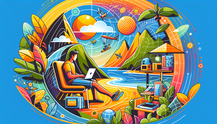 Create an image representing the digital nomad lifestyle in a modern and colorful style. The depiction could include someone working on a laptop from a remote, picturesque location, surrounded by the amenities of modern technology, while also immersing in the local culture. Make it vibrant with an array of colors to showcase positivity and flexibility that comes with such lifestyle. Note it should be an illustration, no text included.