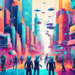 An artistic interpretation of a futuristic cityscape, with robots and humans working together to integrate traditional businesses with cutting-edge digital technologies, symbolizing the digital transformation process.