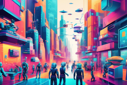 An artistic interpretation of a futuristic cityscape, with robots and humans working together to integrate traditional businesses with cutting-edge digital technologies, symbolizing the digital transformation process.