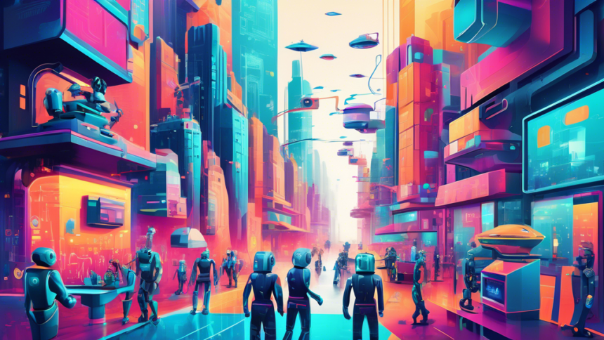 An artistic interpretation of a futuristic cityscape, with robots and humans working together to integrate traditional businesses with cutting-edge digital technologies, symbolizing the digital transformation process.