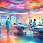 An intricate, colorful digital painting of a futuristic healthcare facility bustling with diverse medical professionals, patients of various ages receiving a wide range of innovative treatments, and advanced medical technologies in action, all encapsulated within a guidebook's open pages floating amidst a serene, healing aura.