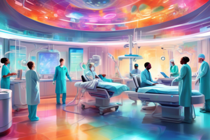 An intricate, colorful digital painting of a futuristic healthcare facility bustling with diverse medical professionals, patients of various ages receiving a wide range of innovative treatments, and advanced medical technologies in action, all encapsulated within a guidebook's open pages floating amidst a serene, healing aura.