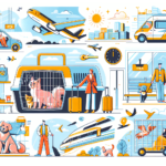 An illustration of a guide to travelling with pets. The scene shows various scenarios in which pets and their companions are embarking on different types of journeys. Include scenes like a cat in a carrier at an airport, a dog in a vest by a train station, and a bird in a cage in a car. Ensure the image is vibrant and modern in style, and filled with a variety of bright colours. Avoid visual references to text or words, the representation should be explicitly visual and easy to understand.