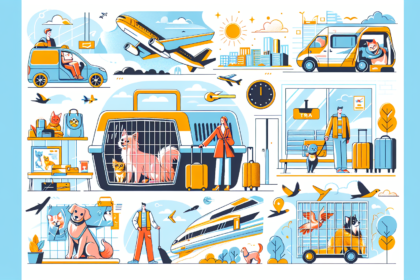 An illustration of a guide to travelling with pets. The scene shows various scenarios in which pets and their companions are embarking on different types of journeys. Include scenes like a cat in a carrier at an airport, a dog in a vest by a train station, and a bird in a cage in a car. Ensure the image is vibrant and modern in style, and filled with a variety of bright colours. Avoid visual references to text or words, the representation should be explicitly visual and easy to understand.