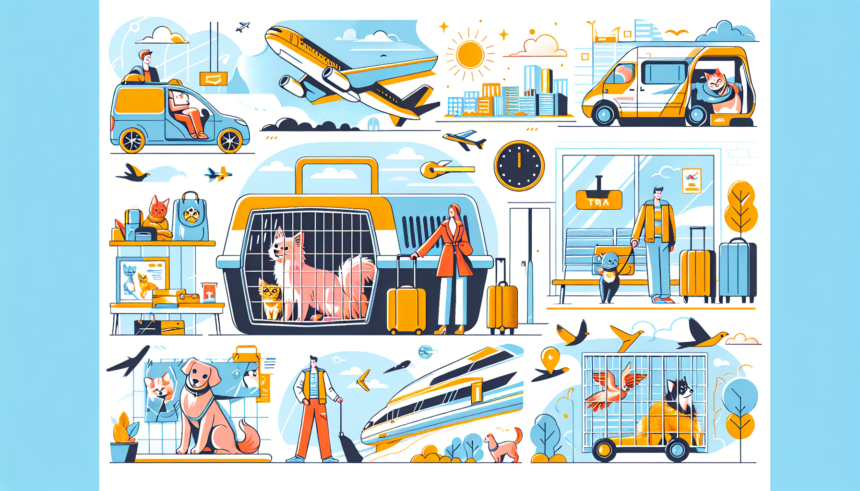 An illustration of a guide to travelling with pets. The scene shows various scenarios in which pets and their companions are embarking on different types of journeys. Include scenes like a cat in a carrier at an airport, a dog in a vest by a train station, and a bird in a cage in a car. Ensure the image is vibrant and modern in style, and filled with a variety of bright colours. Avoid visual references to text or words, the representation should be explicitly visual and easy to understand.