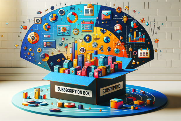 Create an image that presents the concept of exploring subscription box business models. This image should consist of vibrant colors, depicting diagrams and symbols that communicate the diverse types of subscription boxes, their audiences, as well as the various strategies involved in their distribution and sales. The scene should have a modern feel to it with sleek lines and minimalist design elements.