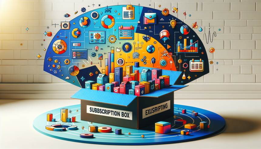 Create an image that presents the concept of exploring subscription box business models. This image should consist of vibrant colors, depicting diagrams and symbols that communicate the diverse types of subscription boxes, their audiences, as well as the various strategies involved in their distribution and sales. The scene should have a modern feel to it with sleek lines and minimalist design elements.