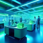 A futuristic laboratory with scientists and engineers working on advanced 3D printers printing complex structures and devices, illuminated by soft, high-tech blue and green lights.