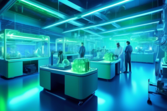 A futuristic laboratory with scientists and engineers working on advanced 3D printers printing complex structures and devices, illuminated by soft, high-tech blue and green lights.