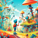 An adventurous child with a magnifying glass exploring a colorful, enchanted forest filled with various whimsical robots of different shapes and sizes, under a bright, azure sky.