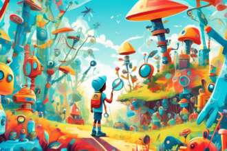 An adventurous child with a magnifying glass exploring a colorful, enchanted forest filled with various whimsical robots of different shapes and sizes, under a bright, azure sky.