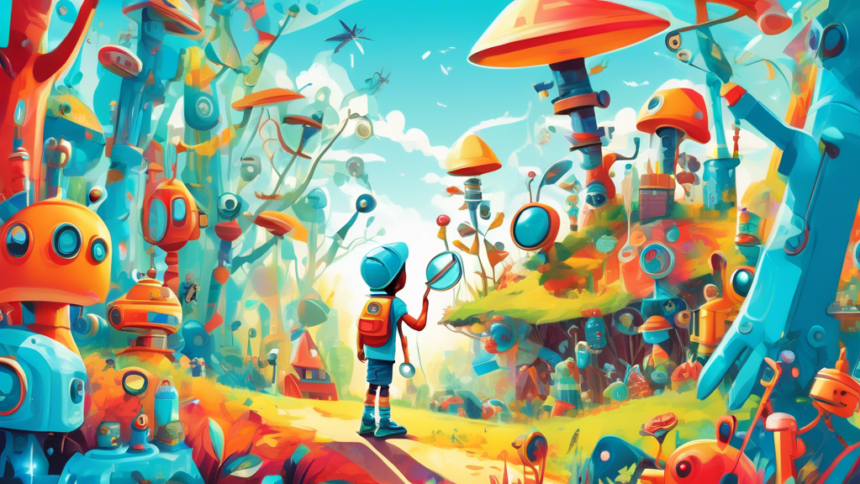 An adventurous child with a magnifying glass exploring a colorful, enchanted forest filled with various whimsical robots of different shapes and sizes, under a bright, azure sky.