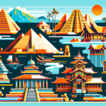 Create a striking, vibrant, and modern illustration of various historical landmarks and heritage sites from around the world. This might include elements such as ancient pyramids, medieval castles, classical temples, and indigenous dwellings. The sites should be represented with pinpoint accuracy, showing key elements like architectural details, physical topography, and surrounding environments. Please make sure to evoke the different time periods and geographical regions each landmark represents, and all details should be rendered in bold, lively colors. The image should be free of text.