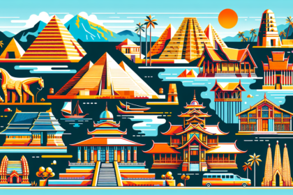 Create a striking, vibrant, and modern illustration of various historical landmarks and heritage sites from around the world. This might include elements such as ancient pyramids, medieval castles, classical temples, and indigenous dwellings. The sites should be represented with pinpoint accuracy, showing key elements like architectural details, physical topography, and surrounding environments. Please make sure to evoke the different time periods and geographical regions each landmark represents, and all details should be rendered in bold, lively colors. The image should be free of text.