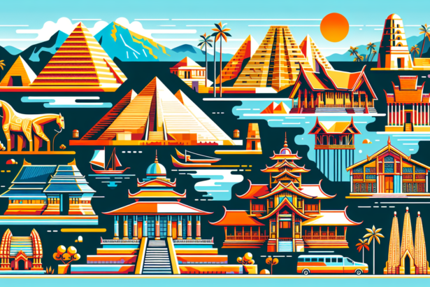 Create a striking, vibrant, and modern illustration of various historical landmarks and heritage sites from around the world. This might include elements such as ancient pyramids, medieval castles, classical temples, and indigenous dwellings. The sites should be represented with pinpoint accuracy, showing key elements like architectural details, physical topography, and surrounding environments. Please make sure to evoke the different time periods and geographical regions each landmark represents, and all details should be rendered in bold, lively colors. The image should be free of text.