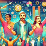 Illustrate an exciting and engaging scene capturing the essence of crowdfunding. The image should depict three diverse individuals: a Caucasian male, a Middle-Eastern female and a Hispanic male, each displaying expressions of enthusiasm and determination. The background shows a vibrant, modern digital landscape filled with symbolic elements like hands reaching out for a large coin, bar graphs that show progression, and a diverse crowd of tiny figures symbolizing the community support. Everything is rendered in a colorful, contemporary style to appeal to beginners. No text should be included in the image.