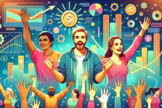 Illustrate an exciting and engaging scene capturing the essence of crowdfunding. The image should depict three diverse individuals: a Caucasian male, a Middle-Eastern female and a Hispanic male, each displaying expressions of enthusiasm and determination. The background shows a vibrant, modern digital landscape filled with symbolic elements like hands reaching out for a large coin, bar graphs that show progression, and a diverse crowd of tiny figures symbolizing the community support. Everything is rendered in a colorful, contemporary style to appeal to beginners. No text should be included in the image.