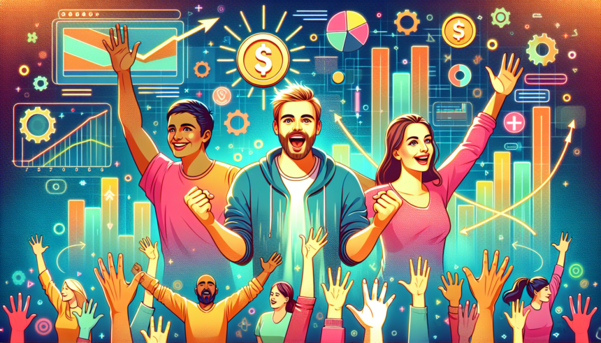 Illustrate an exciting and engaging scene capturing the essence of crowdfunding. The image should depict three diverse individuals: a Caucasian male, a Middle-Eastern female and a Hispanic male, each displaying expressions of enthusiasm and determination. The background shows a vibrant, modern digital landscape filled with symbolic elements like hands reaching out for a large coin, bar graphs that show progression, and a diverse crowd of tiny figures symbolizing the community support. Everything is rendered in a colorful, contemporary style to appeal to beginners. No text should be included in the image.