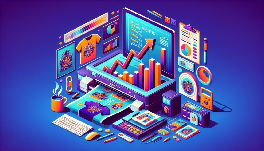 Illustrate a vibrant and modern graphic that represents the concept of maximizing profits with print on demand merchandise. This should be a detailed scene focused on a computer screen displaying rising profit charts and numbers, with a printer humming out vividly designed T-shirts, mugs, and posters. The surrounding environment should reflect a professional, but creative studio workspace. Remember, there should not be any words or text within the image.