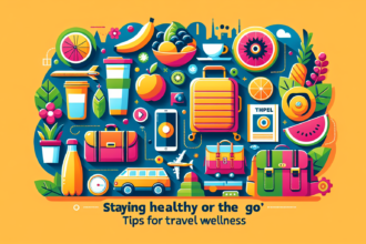 An image denoting the theme of 'Staying Healthy on the Go: Tips for Travel Wellness'. No words should be present in the image. The elements should depict various wellness measures that travelers can take. They can include carrying a water bottle, eating fresh fruits, taking regular walking breaks during their journeys, wearing comfortable clothing, and getting enough sleep. It should be executed in a contemporary and vibrant style with a variety of bright and attractive colors.