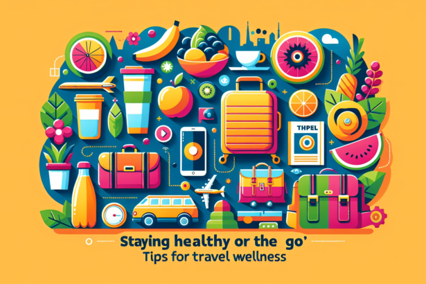 An image denoting the theme of 'Staying Healthy on the Go: Tips for Travel Wellness'. No words should be present in the image. The elements should depict various wellness measures that travelers can take. They can include carrying a water bottle, eating fresh fruits, taking regular walking breaks during their journeys, wearing comfortable clothing, and getting enough sleep. It should be executed in a contemporary and vibrant style with a variety of bright and attractive colors.