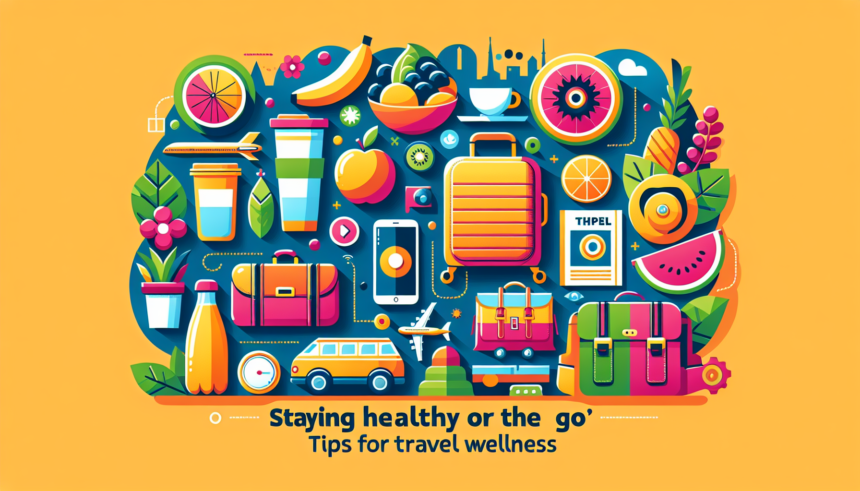 An image denoting the theme of 'Staying Healthy on the Go: Tips for Travel Wellness'. No words should be present in the image. The elements should depict various wellness measures that travelers can take. They can include carrying a water bottle, eating fresh fruits, taking regular walking breaks during their journeys, wearing comfortable clothing, and getting enough sleep. It should be executed in a contemporary and vibrant style with a variety of bright and attractive colors.