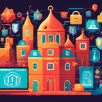 An illustration of a secure digital fortress surrounded by various internet security symbols like padlocks, firewalls, and antivirus software icons, protecting a family safely browsing on their devices inside.