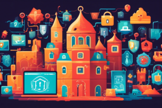 An illustration of a secure digital fortress surrounded by various internet security symbols like padlocks, firewalls, and antivirus software icons, protecting a family safely browsing on their devices inside.