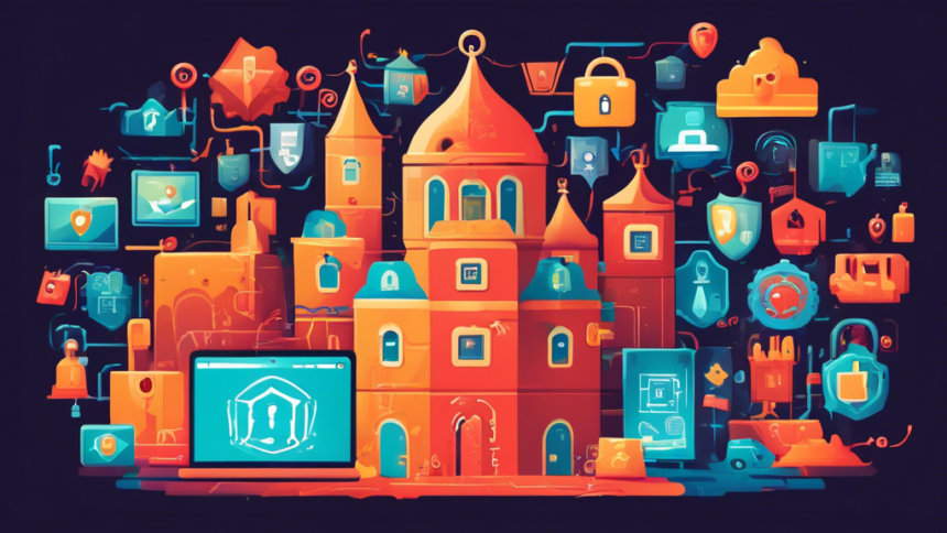 An illustration of a secure digital fortress surrounded by various internet security symbols like padlocks, firewalls, and antivirus software icons, protecting a family safely browsing on their devices inside.