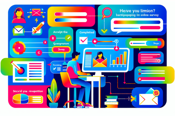 A vivid and contemporary illustration of the basics of participating in online surveys. Imagine an individual sitting at a desk, focused on a computer screen, which is showing a colorful graphical survey. Various graphics represent different steps in the survey-taking process, such as receiving an invitation, accepting the survey, completing questionnaire, submitting responses, and finally receiving some form of virtual reward or acknowledgment for participation. All these steps are represented sequentially, reflecting a modern, streamlined, and user-friendly design aesthetic.