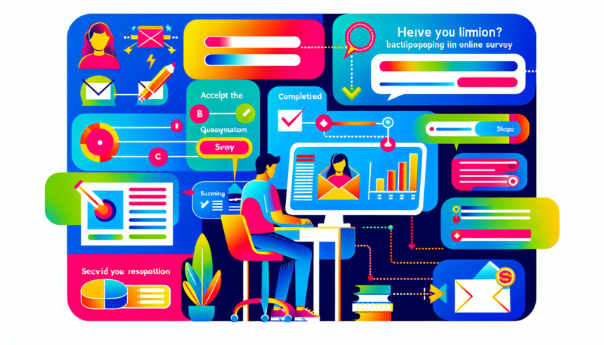 A vivid and contemporary illustration of the basics of participating in online surveys. Imagine an individual sitting at a desk, focused on a computer screen, which is showing a colorful graphical survey. Various graphics represent different steps in the survey-taking process, such as receiving an invitation, accepting the survey, completing questionnaire, submitting responses, and finally receiving some form of virtual reward or acknowledgment for participation. All these steps are represented sequentially, reflecting a modern, streamlined, and user-friendly design aesthetic.