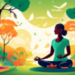 Create an artistic and serene image of a person meditating in a lush, green park at sunrise, surrounded by symbols of a balanced lifestyle such as healthy food, a water bottle, running shoes, and a yoga mat.