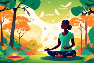 Create an artistic and serene image of a person meditating in a lush, green park at sunrise, surrounded by symbols of a balanced lifestyle such as healthy food, a water bottle, running shoes, and a yoga mat.