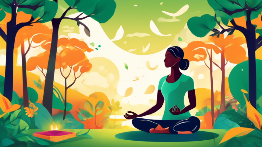 Create an artistic and serene image of a person meditating in a lush, green park at sunrise, surrounded by symbols of a balanced lifestyle such as healthy food, a water bottle, running shoes, and a yoga mat.