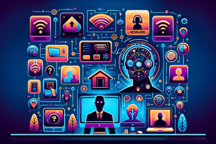 Create a modern and vibrant illustration that represents top remote job boards for finding work in the year 2023. The image should include symbols or icons that may symbolize remote work, like a computer, Wi-Fi signal, a home indicating work-from-home, and different professions such as software developers, writers, designers, and so on. The board could show a variety of symbolic job posting for various occupations, described in gender neutral terms. Emphasize the futuristic and forward-looking aspect of remote work. Do not include any text.