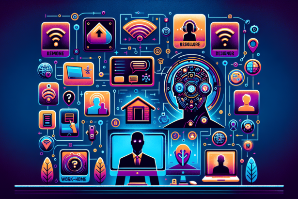 Create a modern and vibrant illustration that represents top remote job boards for finding work in the year 2023. The image should include symbols or icons that may symbolize remote work, like a computer, Wi-Fi signal, a home indicating work-from-home, and different professions such as software developers, writers, designers, and so on. The board could show a variety of symbolic job posting for various occupations, described in gender neutral terms. Emphasize the futuristic and forward-looking aspect of remote work. Do not include any text.