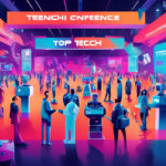 Digital illustration of a futuristic tech conference expo with cutting-edge gadgets, robots, and crowds of tech enthusiasts from around the world, all under a banner reading 'Top Tech Conferences 2023'.