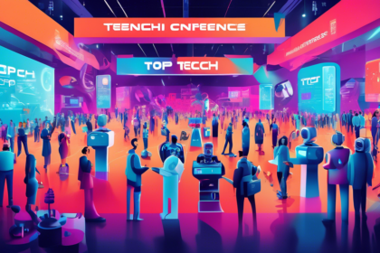 Digital illustration of a futuristic tech conference expo with cutting-edge gadgets, robots, and crowds of tech enthusiasts from around the world, all under a banner reading 'Top Tech Conferences 2023'.