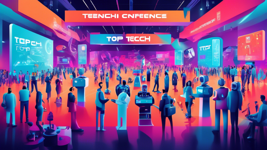 Digital illustration of a futuristic tech conference expo with cutting-edge gadgets, robots, and crowds of tech enthusiasts from around the world, all under a banner reading 'Top Tech Conferences 2023'.